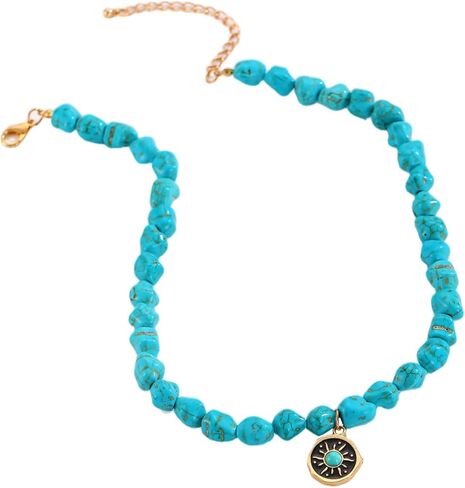 Bohemian Turquoise Beaded Choker Necklace for Women Heart Devil's Eye Sun Geometric Pendant Necklace Jewelry Handmade Healing Stone Choker Beaded Necklace Jewelry Gift for Women in Kuwait