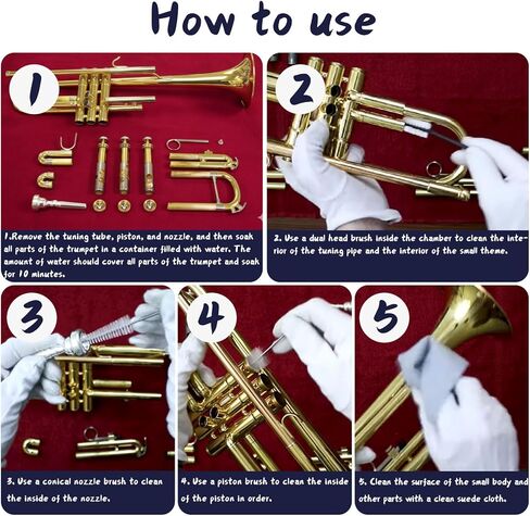 Trumpet Cleaning Kit, Clean and Care Horn, Trumpet Valve Oil Kit with Valve Oil, Slide Grease, Cork Grease, Cleaning Cloth, Mouthpiece/Valve/Bore Brushes, Polishing Cloth in Kuwait