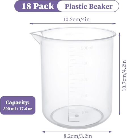 18 Pack 500 ml / 17.6 oz Plastic Beaker, Premium Polypropylene, 10mL Raised Graduations Graduated Beakers with Tapered Spout, Lab Measuring Cup for Resin, Science Experiment, Liquid Measuring in Saudi Arabia