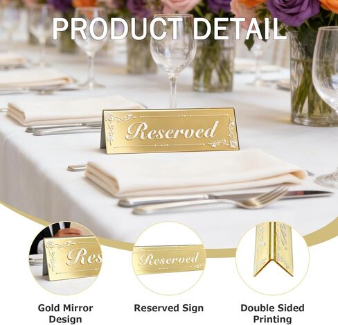 6 Pcs Mirrored Gold Reserved Table Signs, 6" x 2" Double-Sided Acrylic Table Tent Cards for Wedding, Restaurant, Banquet, Ceremony, Party, Events in Kuwait