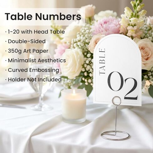 Minimalist Arch Wedding Table Numbers 1-20 with Head Table - 4x6 Inch Textured Art Paper with Arched Debossing - Double Sided Table Numbers for Wedding Reception - No Holders in Saudi Arabia