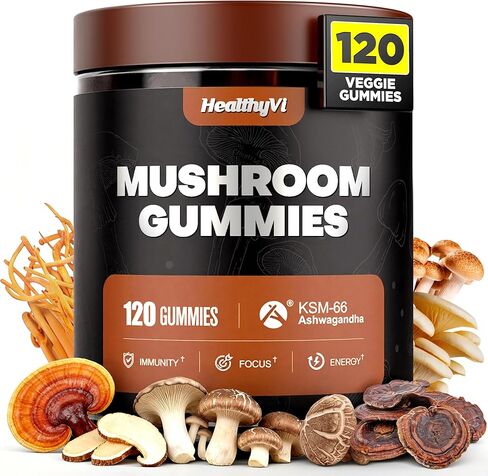 10-In-1 Mushroom Gummies with KSM-66 Ashwagandha & Magnesium Threonate Boosts Focus, Memory & Cognitive, 120 Ct Mushroom Supplement with Vitamin D3 & B12 for Immunity & Energy, Vegan, Blueberry Flavor in Kuwait