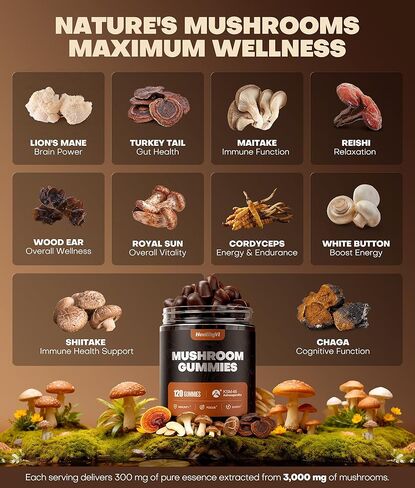 10-In-1 Mushroom Gummies with KSM-66 Ashwagandha & Magnesium Threonate Boosts Focus, Memory & Cognitive, 120 Ct Mushroom Supplement with Vitamin D3 & B12 for Immunity & Energy, Vegan, Blueberry Flavor in Kuwait