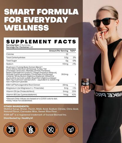 10-In-1 Mushroom Gummies with KSM-66 Ashwagandha & Magnesium Threonate Boosts Focus, Memory & Cognitive, 120 Ct Mushroom Supplement with Vitamin D3 & B12 for Immunity & Energy, Vegan, Blueberry Flavor in Kuwait