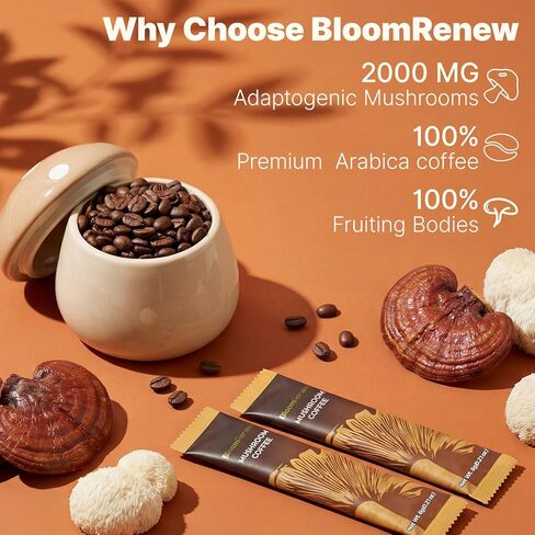 Mushroom Coffee, Instant Coffee with Adaptogenic Mushrooms, Organic Lion's Mane & Reishi, Maitake, Chaga, MCT oil for Immune Support, No Earthy Aftertaste, Dissolve Instantly, 30 Stick Packs in Saudi Arabia