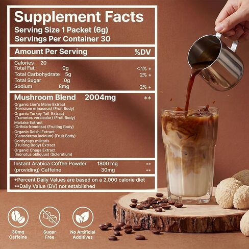 Mushroom Coffee, Instant Coffee with Adaptogenic Mushrooms, Organic Lion's Mane & Reishi, Maitake, Chaga, MCT oil for Immune Support, No Earthy Aftertaste, Dissolve Instantly, 30 Stick Packs in Saudi Arabia