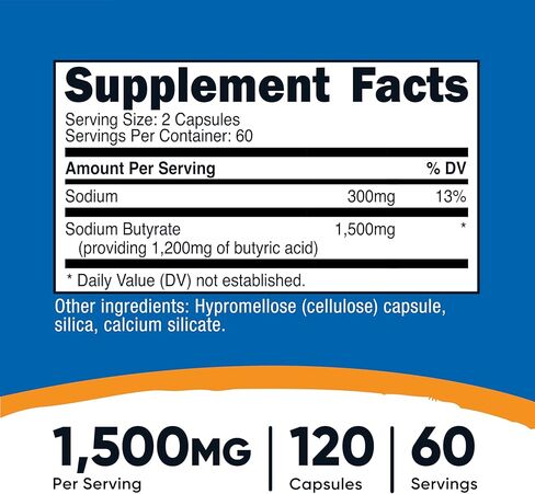 Nutricost Sodium Butyrate 1,500mg Per Serving, 120 Capsules for 60 Servings Per Bottle - Provides 1,200mg of Butyric Acid, Vegan, GMO-Free, Gluten-Free in Saudi Arabia