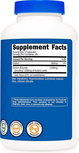 Nutricost Sodium Butyrate 1,500mg Per Serving, 120 Capsules for 60 Servings Per Bottle - Provides 1,200mg of Butyric Acid, Vegan, GMO-Free, Gluten-Free in Saudi Arabia