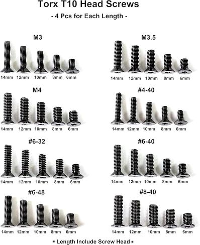طقم براغي ريد دوت، M3، M3.5، M4، #4-40، #6-40، #8-40، #6-32، #6-48 12.9G براغي توركس ذات رأس مسطح، 4 قطع لكل منها 6 مم/8 مم/10 مم/12 مم/14 مم للألواح والتركيبات والصيانة in Kuwait