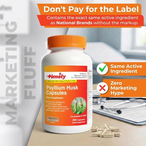 TIME-Cap Labs 400 Count Psyllium Husk Fiber Capsules - Gluten-Free, Soluble Fiber Supplement for Adults Digestive Regularity Support, Gentle Daily Fiber Support, Routine Use for Men & Women in Kuwait