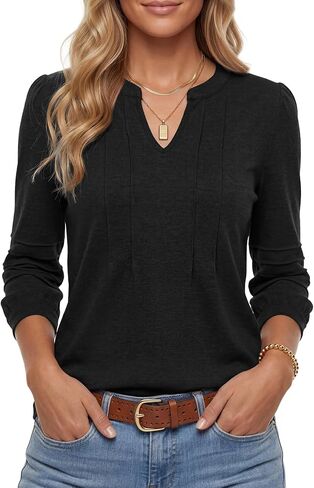 Rooscier Women's Pleated 3/4 Sleeve Notch V Neck Loose Fit Business Casual Tunic Tops Blouses Shirt in Saudi Arabia