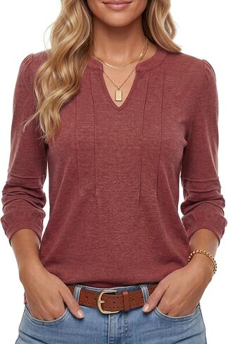 Rooscier Women's Pleated 3/4 Sleeve Notch V Neck Loose Fit Business Casual Tunic Tops Blouses Shirt in Saudi Arabia