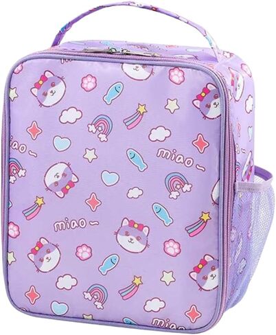 Insulated Lunch Bag, Cute Cartoon Print, Portable Thermal Cooler Tote with Side Pocket, Leakproof and Waterproof, for Office, Work, Picnic and Travel (Pink) in Saudi Arabia