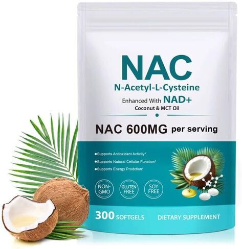 مكمل AIQIUSHA NAC 600 مجم، كبسولات هلامية N-Acetyl Cysteine ​​مع زيت جوز الهند وزيت MCT، دعم صحي يومي، غير معدل وراثيًا، خالي من الغلوتين، 300 كبسولة هلامية in Kuwait
