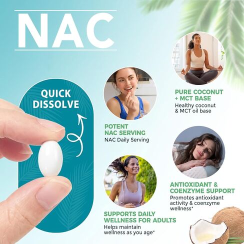 مكمل AIQIUSHA NAC 600 مجم، كبسولات هلامية N-Acetyl Cysteine ​​مع زيت جوز الهند وزيت MCT، دعم صحي يومي، غير معدل وراثيًا، خالي من الغلوتين، 300 كبسولة هلامية in Kuwait