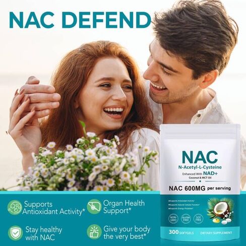 مكمل AIQIUSHA NAC 600 مجم، كبسولات هلامية N-Acetyl Cysteine ​​مع زيت جوز الهند وزيت MCT، دعم صحي يومي، غير معدل وراثيًا، خالي من الغلوتين، 300 كبسولة هلامية in Kuwait
