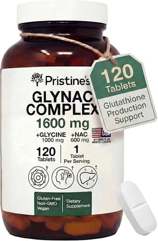 قرص PRISTINE'S Supplement GlyNAC Complex كبير الحجم 1600 مجم إنتاج الجلوتاثيون - تم اختباره من قبل طرف ثالث لمكافحة الشيخوخة والنوم والدعم الإدراكي - جليكاين وNAC خالي من الغلوتين وغير معدل وراثيًا، زجاجة زجاجية مصنوعة في الولايات المتحدة الأمريكية in Kuwait