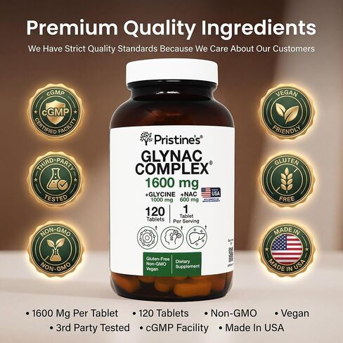قرص PRISTINE'S Supplement GlyNAC Complex كبير الحجم 1600 مجم إنتاج الجلوتاثيون - تم اختباره من قبل طرف ثالث لمكافحة الشيخوخة والنوم والدعم الإدراكي - جليكاين وNAC خالي من الغلوتين وغير معدل وراثيًا، زجاجة زجاجية مصنوعة في الولايات المتحدة الأمريكية in Kuwait