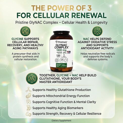 قرص PRISTINE'S Supplement GlyNAC Complex كبير الحجم 1600 مجم إنتاج الجلوتاثيون - تم اختباره من قبل طرف ثالث لمكافحة الشيخوخة والنوم والدعم الإدراكي - جليكاين وNAC خالي من الغلوتين وغير معدل وراثيًا، زجاجة زجاجية مصنوعة في الولايات المتحدة الأمريكية in Kuwait