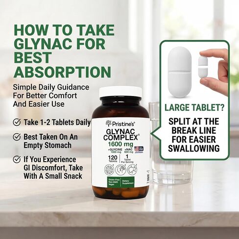 قرص PRISTINE'S Supplement GlyNAC Complex كبير الحجم 1600 مجم إنتاج الجلوتاثيون - تم اختباره من قبل طرف ثالث لمكافحة الشيخوخة والنوم والدعم الإدراكي - جليكاين وNAC خالي من الغلوتين وغير معدل وراثيًا، زجاجة زجاجية مصنوعة في الولايات المتحدة الأمريكية in Kuwait