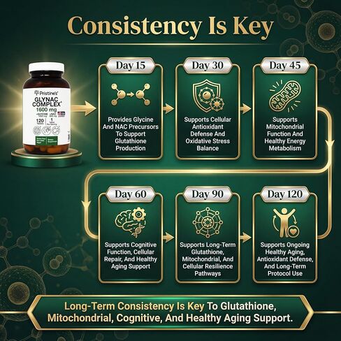 قرص PRISTINE'S Supplement GlyNAC Complex كبير الحجم 1600 مجم إنتاج الجلوتاثيون - تم اختباره من قبل طرف ثالث لمكافحة الشيخوخة والنوم والدعم الإدراكي - جليكاين وNAC خالي من الغلوتين وغير معدل وراثيًا، زجاجة زجاجية مصنوعة في الولايات المتحدة الأمريكية in Kuwait