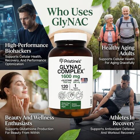قرص PRISTINE'S Supplement GlyNAC Complex كبير الحجم 1600 مجم إنتاج الجلوتاثيون - تم اختباره من قبل طرف ثالث لمكافحة الشيخوخة والنوم والدعم الإدراكي - جليكاين وNAC خالي من الغلوتين وغير معدل وراثيًا، زجاجة زجاجية مصنوعة في الولايات المتحدة الأمريكية in Kuwait