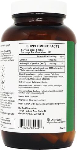قرص PRISTINE'S Supplement GlyNAC Complex كبير الحجم 1600 مجم إنتاج الجلوتاثيون - تم اختباره من قبل طرف ثالث لمكافحة الشيخوخة والنوم والدعم الإدراكي - جليكاين وNAC خالي من الغلوتين وغير معدل وراثيًا، زجاجة زجاجية مصنوعة في الولايات المتحدة الأمريكية in Kuwait