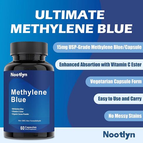 كبسولات الميثيلين الزرقاء - الميثيلين الأزرق من الدرجة الصيدلانية 15 ملجم، مع فيتامين C إستر، الصحة اليومية والدعم الخلوي، 60 كبسولة in Kuwait