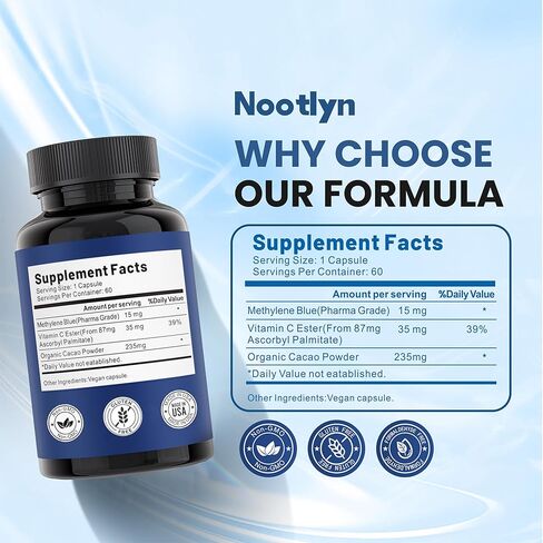 كبسولات الميثيلين الزرقاء - الميثيلين الأزرق من الدرجة الصيدلانية 15 ملجم، مع فيتامين C إستر، الصحة اليومية والدعم الخلوي، 60 كبسولة in Kuwait