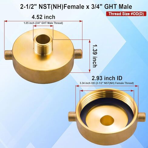 Fire Hydrant Adapter, 2-1/2" NST (NH) Female to 3/4" GHT Male Brass Adapter with Pin Lug, Fire Equipment Hydrant to Garden Hose Connector for Fire Hydrants, Hoses, Pipes in Saudi Arabia