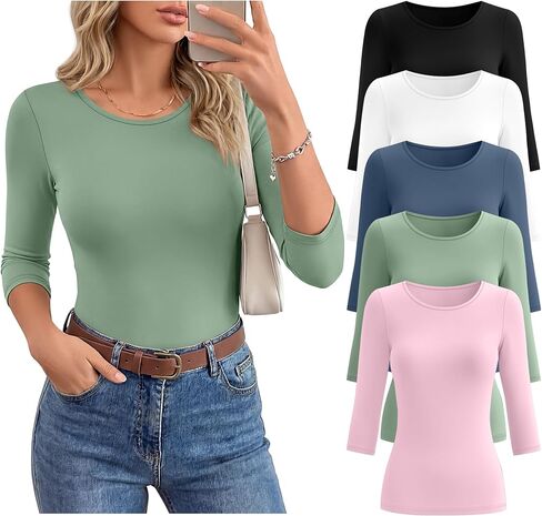 Huukaey 5 Pack Women's 3/4 Sleeve Tops Cotton Round Neck T-Shirt Slim Fit Elbow Sleve Casual Stretchy Tunic Basic Basic Basic in Saudi Arabia
