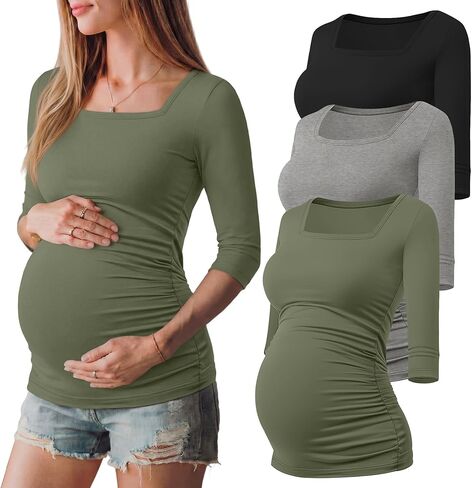 Ficerd 3 Pack Cotton Maternity Top 3/4 Sleeve Basic Square Neck Maternity T Shirt Ruched Pregnancy Blouse in Kuwait