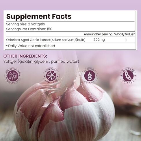 Odorless Aged Garlic Extract Softgels | 10000mg Garlic Supplements| 300 Count | 20:1 Concentrate | High-Potency, Enhanced Absorption | Antioxidant & Cognitive Support | Non-GMO, Gluten-Free Formula in Kuwait