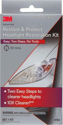 3M Auto Restore and Protect Headlight Restoration Kit, Use On Plastic Lenses, Headlights, Taillight, Fog Lights and More, Includes Sanding Discs, Headlight Clear Coat Wipes, Foam Pad and Glove (39194) in Kuwait
