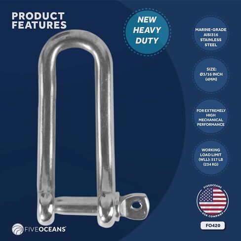 Five Oceans 3/16" Screw Pin Long D Shackle, AISI316 Stainless Steel - FO420 in Saudi Arabia