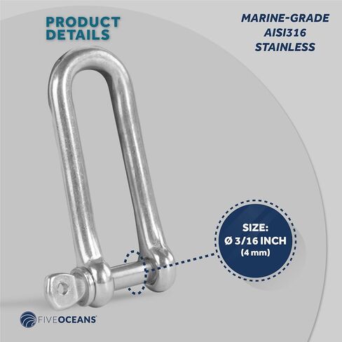Five Oceans 3/16" Screw Pin Long D Shackle, AISI316 Stainless Steel - FO420 in Saudi Arabia