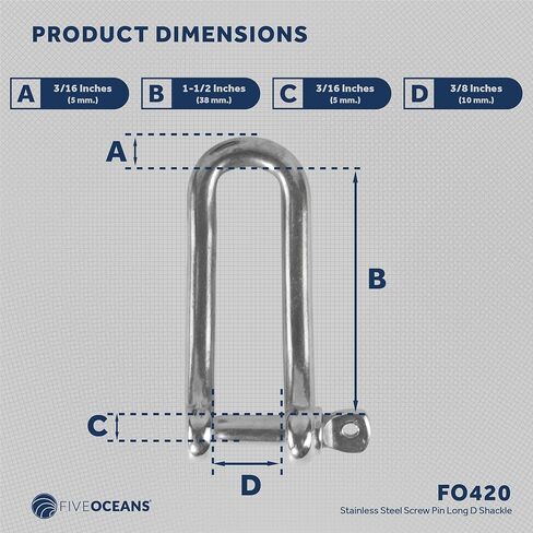 Five Oceans 3/16" Screw Pin Long D Shackle, AISI316 Stainless Steel - FO420 in Saudi Arabia