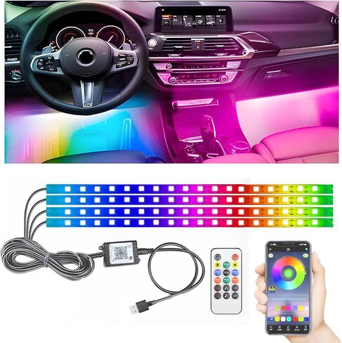 LED RGB Car Strip Lights Interior, Smart APP Control and Remote Dual Control, 12V USB Under Dash Footwell Neon Internal Lighting Kit, Multicolor Music Mode and DIY Mode in Kuwait