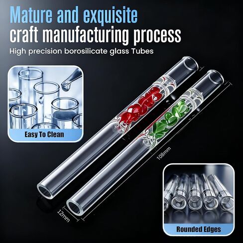 6 Pcs colored Borosilicate Blowing Tubes, 4.3 Inch Length, 2mm Wall Thickness - High Temp Resistant for Industrial, Laboratory, and Craft Projects, glass straw, With 2 Cleaning Brush in Kuwait