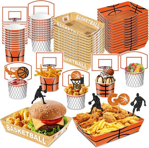 Basketball Party Snack Boxes Set, 96Pcs Basketball-Theme Party Supplies with Snack Bowls, Food Tray, Hoop Backdrop Cards and Glitter Cupcake Toppers for Basketball Birthday Party Decorations in Saudi Arabia