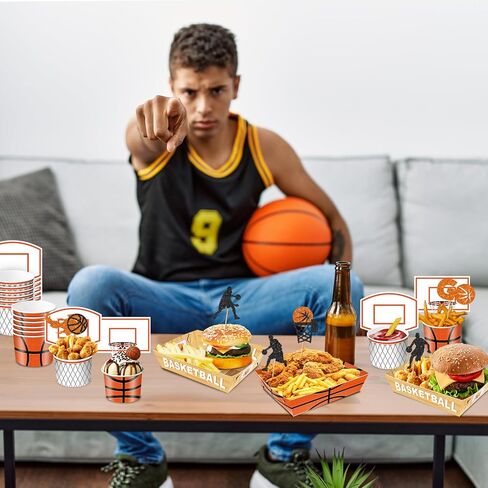 Basketball Party Snack Boxes Set, 96Pcs Basketball-Theme Party Supplies with Snack Bowls, Food Tray, Hoop Backdrop Cards and Glitter Cupcake Toppers for Basketball Birthday Party Decorations in Saudi Arabia