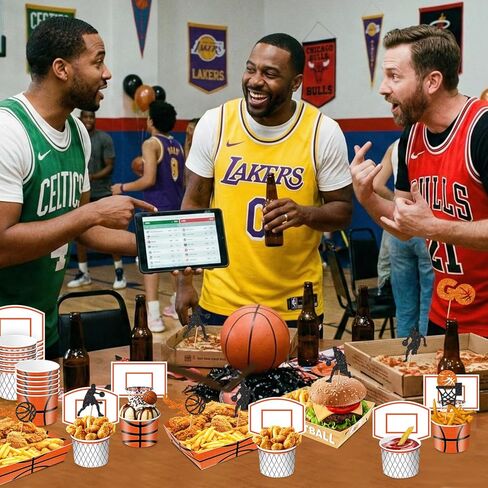 Basketball Party Snack Boxes Set, 96Pcs Basketball-Theme Party Supplies with Snack Bowls, Food Tray, Hoop Backdrop Cards and Glitter Cupcake Toppers for Basketball Birthday Party Decorations in Saudi Arabia
