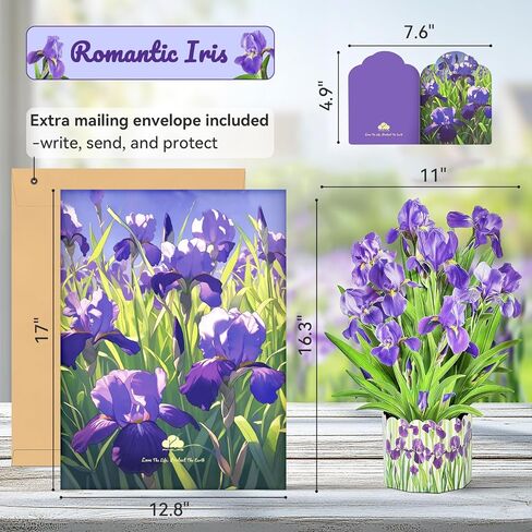 3D Greeting Cards Pop Up Cards 16" Iris Paper Flower Bouquet Gifts for Women Mom Wife Birthday, Anniversary, Get Well Cards with Note Card & Envelope, Romantic Iris in Kuwait
