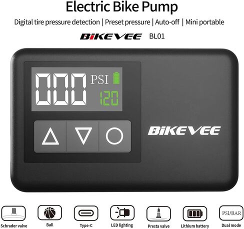 Mini Bike Pump Electric, 120 PSI Portable Bicycle Tire Inflator with Digital Gauge, Auto Shut-Off, Presta & Schrader Valve for Road Bike MTB E-Bike Cycling in Kuwait