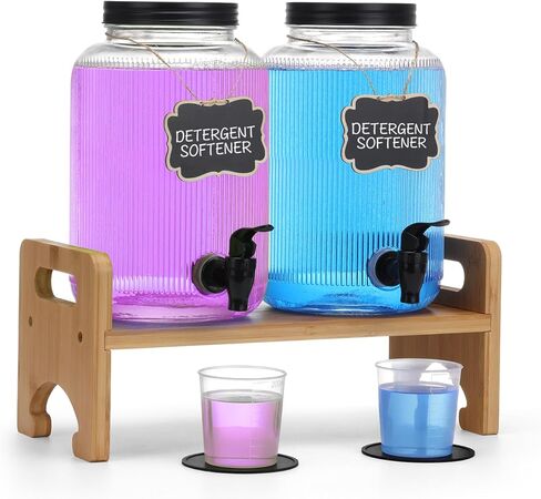 2-Pack Laundry Detergent Dispenser with Bamboo Stand，1 Gallon Laundry Soap Dispenser with Measuring Cup，Glass Laundry Detergent Containr for Laundry Room Organization and Storage in Saudi Arabia
