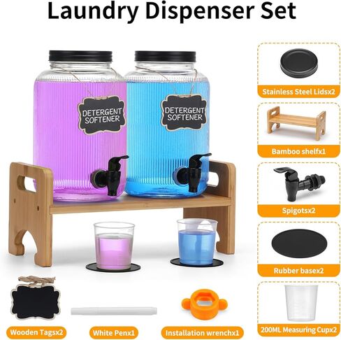 2-Pack Laundry Detergent Dispenser with Bamboo Stand，1 Gallon Laundry Soap Dispenser with Measuring Cup，Glass Laundry Detergent Containr for Laundry Room Organization and Storage in Saudi Arabia