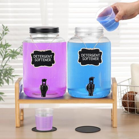2-Pack Laundry Detergent Dispenser with Bamboo Stand，1 Gallon Laundry Soap Dispenser with Measuring Cup，Glass Laundry Detergent Containr for Laundry Room Organization and Storage in Saudi Arabia