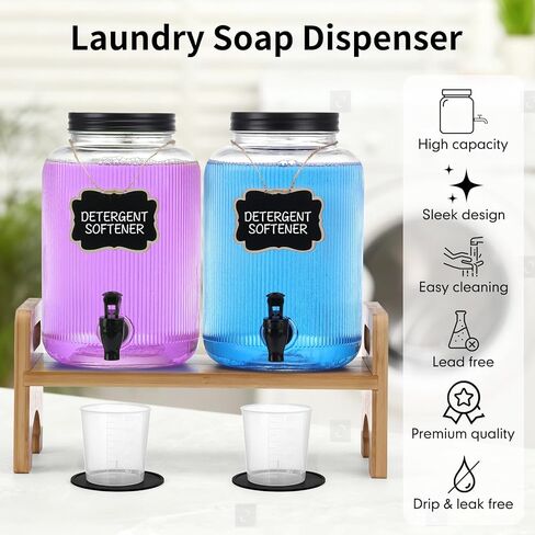 2-Pack Laundry Detergent Dispenser with Bamboo Stand，1 Gallon Laundry Soap Dispenser with Measuring Cup，Glass Laundry Detergent Containr for Laundry Room Organization and Storage in Saudi Arabia