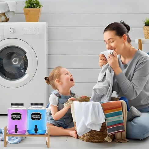 2-Pack Laundry Detergent Dispenser with Bamboo Stand，1 Gallon Laundry Soap Dispenser with Measuring Cup，Glass Laundry Detergent Containr for Laundry Room Organization and Storage in Saudi Arabia