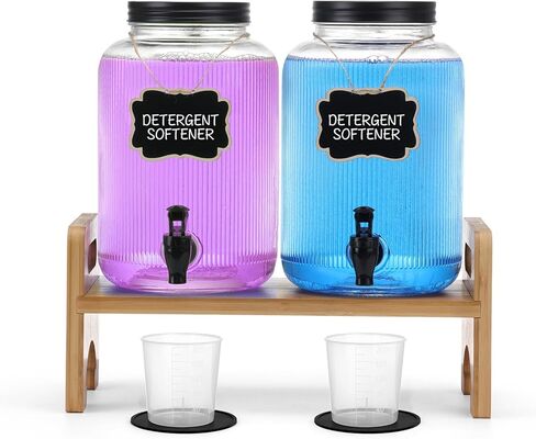 2-Pack Laundry Detergent Dispenser with Bamboo Stand，1 Gallon Laundry Soap Dispenser with Measuring Cup，Glass Laundry Detergent Containr for Laundry Room Organization and Storage in Saudi Arabia